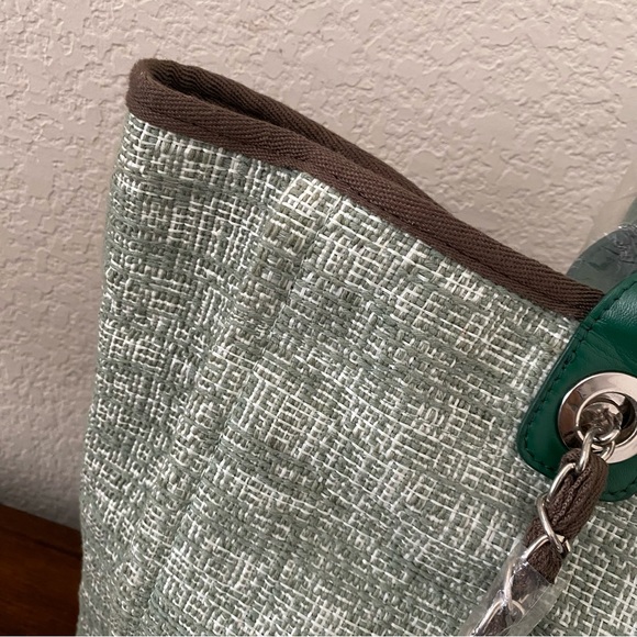 Green Brown Tweed Mixed Fiber Shopper Tote Bag w/ Chain Shoulder Strap C6 - Picture 4 of 16